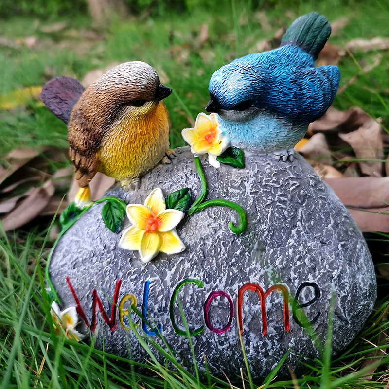 Garden Bird Welcome Stone with Hand-Painted Resin Birds