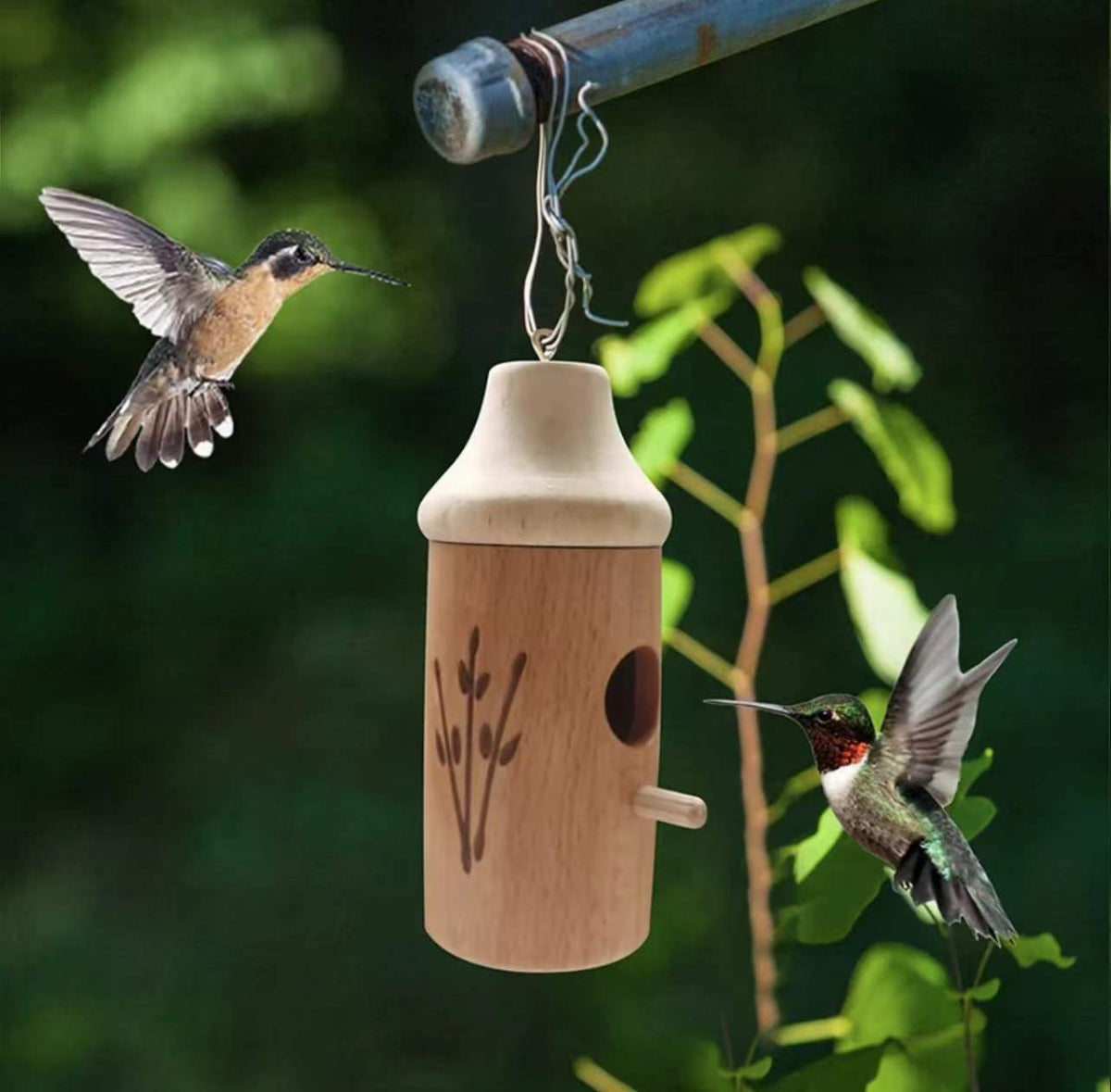 Handcrafted Hanging Wooden Hummingbird House Decor