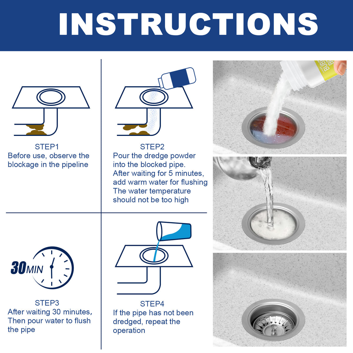Drain Pipe Cleaner Powder for Clogs, Stains & Odors