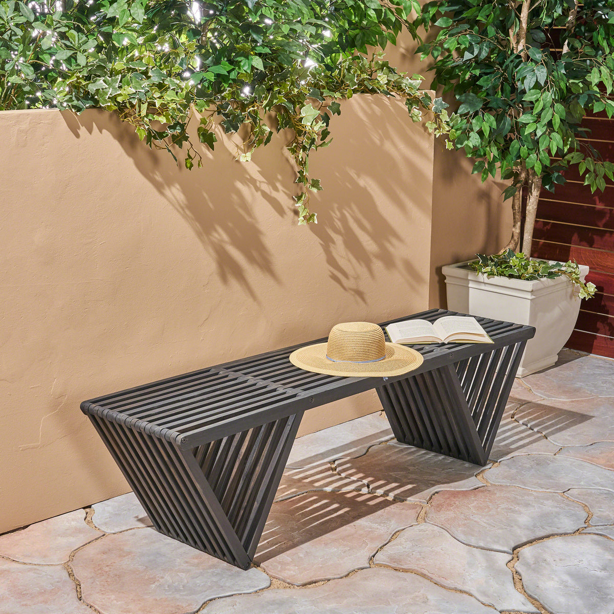 Modern Slatted Outdoor Bench with Sculptural V-Legs