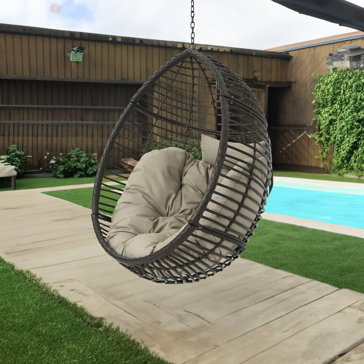 Brown Wicker Egg Hanging Chair with Cushion for Patio