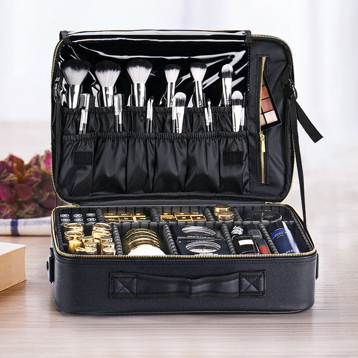 PU Leather Makeup Case with Brush Tray & Waterproof Lid
