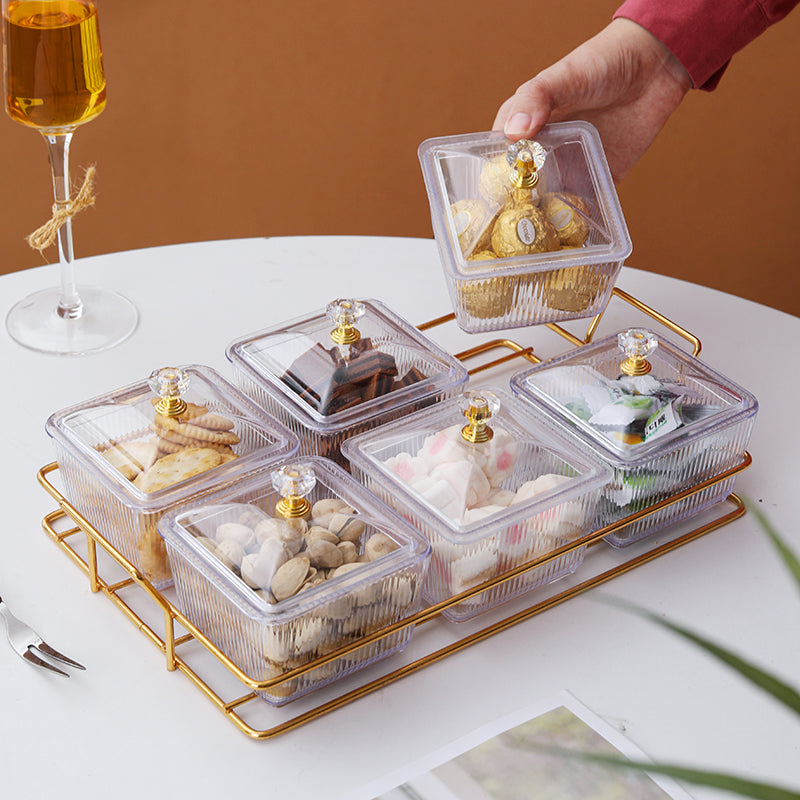 Luxury Snack Dish Set with Lids and Gold Serving Rack