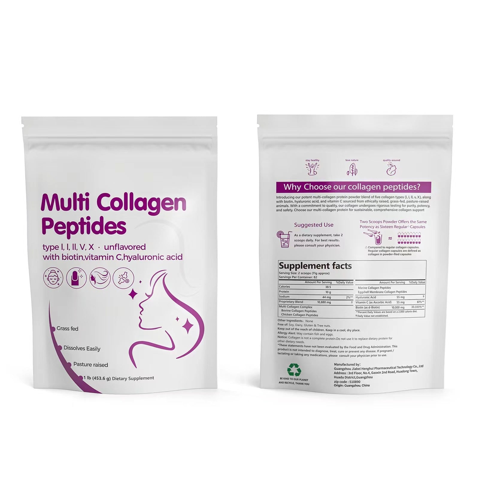 Front and back of pouch displayed side-by-side showing comprehensive label design with benefits and scientific claims