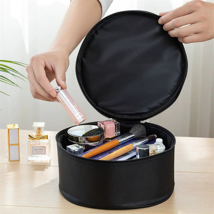 Large Round Makeup Bag with Satin Lining and Handle