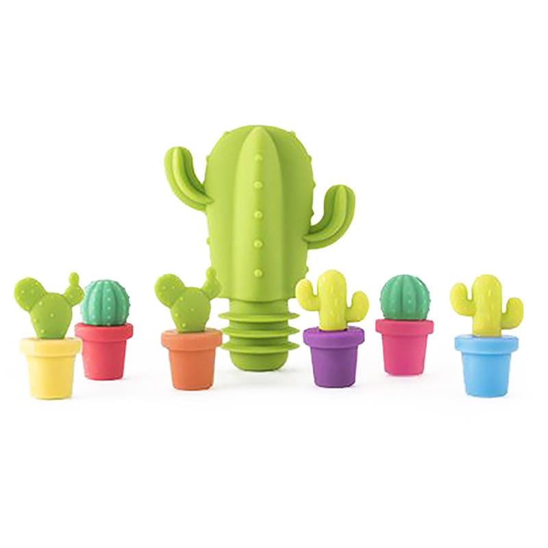 Cactus Silicone Wine Stopper & 6 Glass Drink Markers