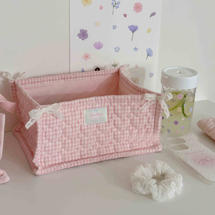 Quilted Desktop Storage Basket with Lace Bow Accents
