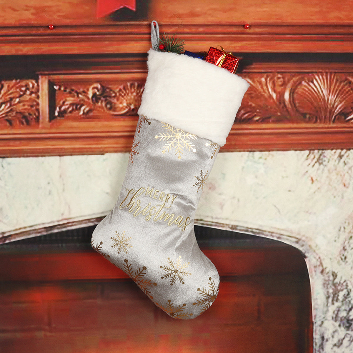 Christmas Stocking Set of 4 with Embroidered Snowflakes
