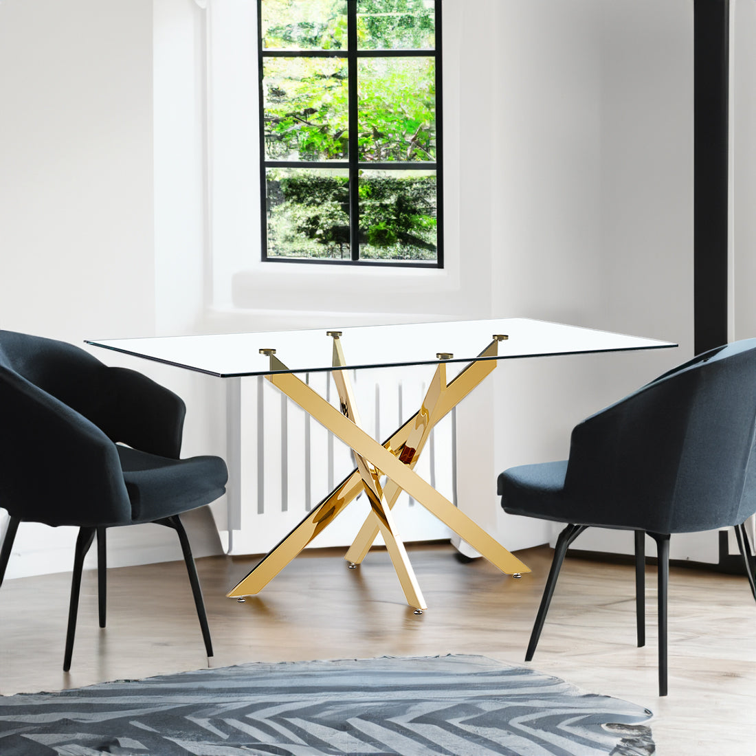 Clear Glass Dining Table with Gold X-Base