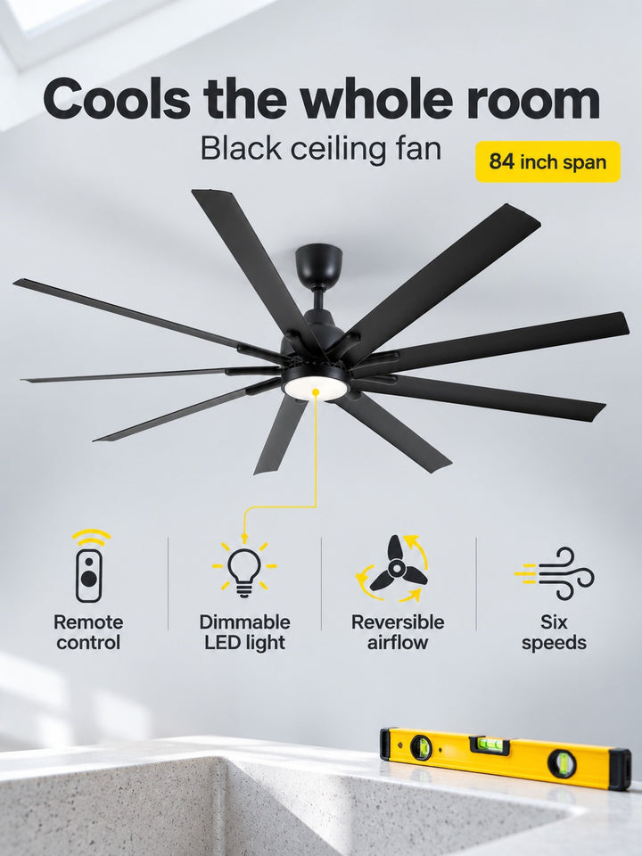 84 Inch Black Ceiling Fan with Remote and Dimmable LED