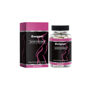 Googeer Booty Enhancement Capsules product shot showing branded box and clear plastic jar with 60 white capsules