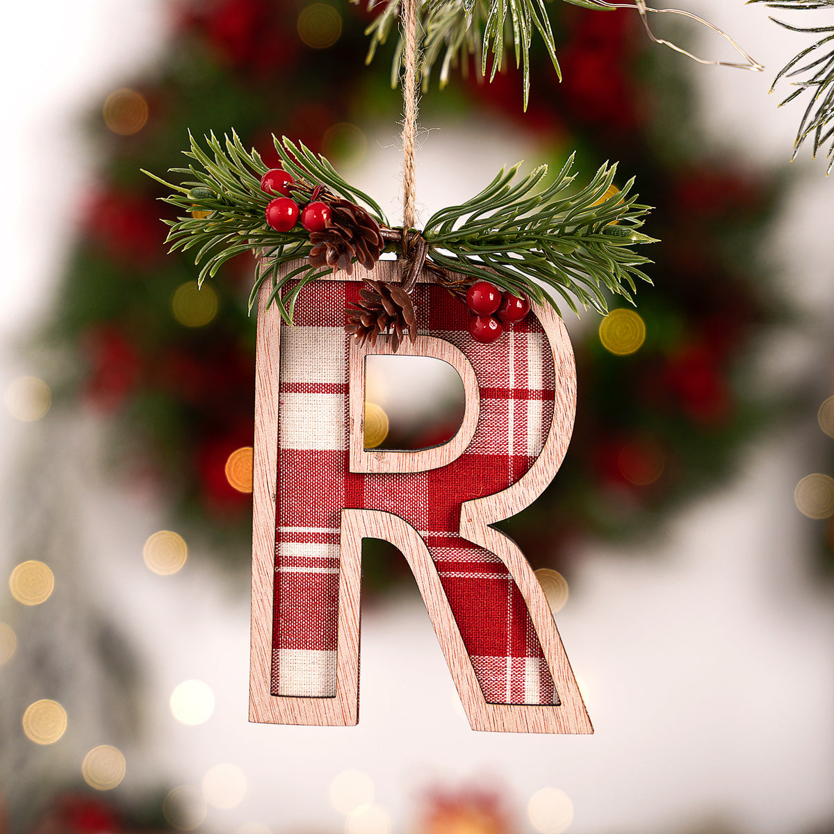 Plaid Letter Christmas Ornament - Rustic Wood Tree Decor