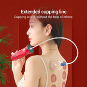 Woman in profile demonstrating extended cupping device reaching her back independently with extended tubing