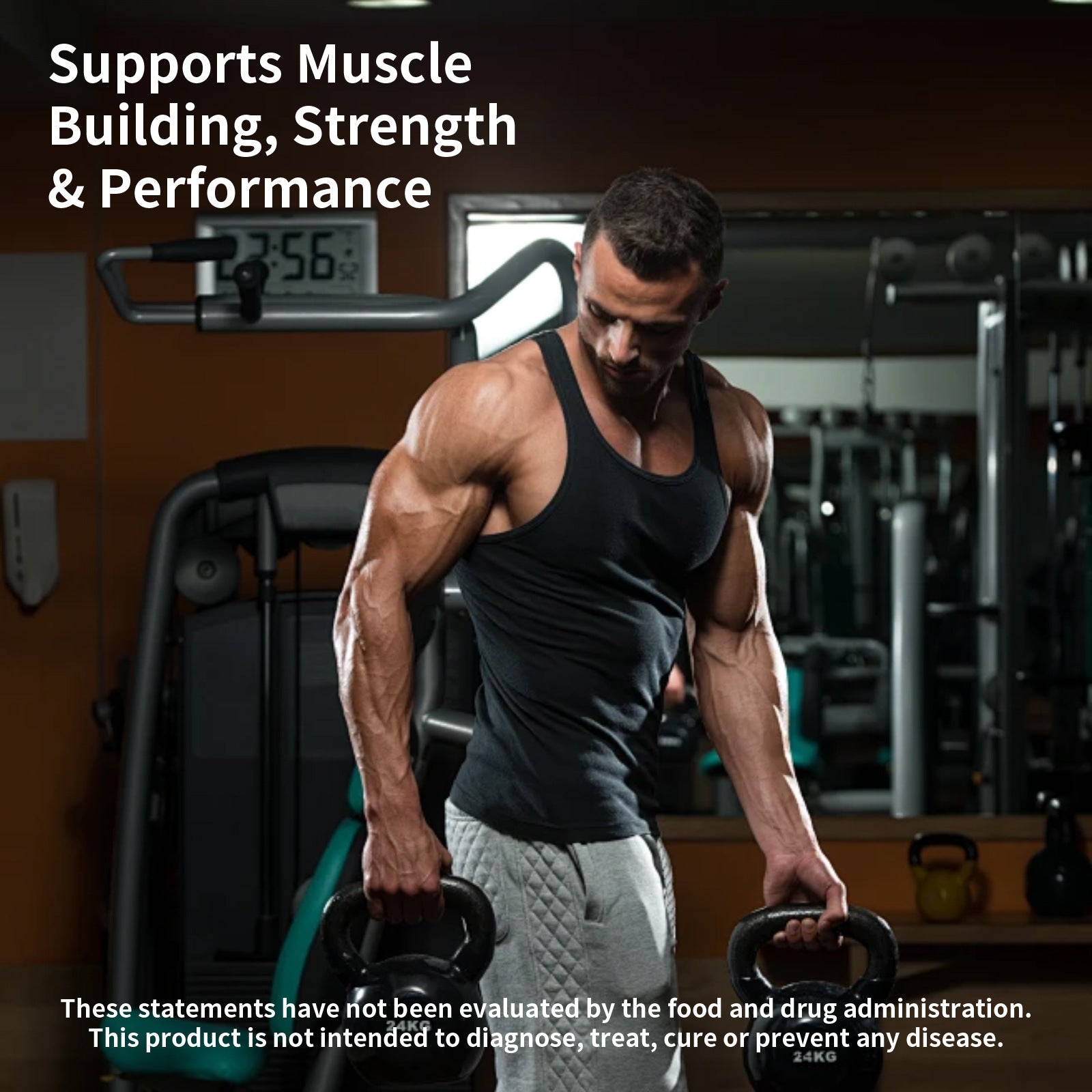 Fit male in black tank top performing kettlebell exercise in gym with professional lighting