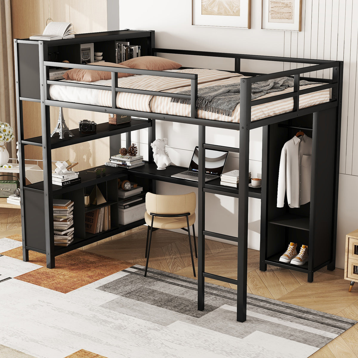 Full-Size Metal Loft Bed with Desk, Wardrobe & Storage