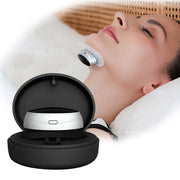 Woman wearing the snoring suppressor device on nose bridge during sleep, relaxed in bed