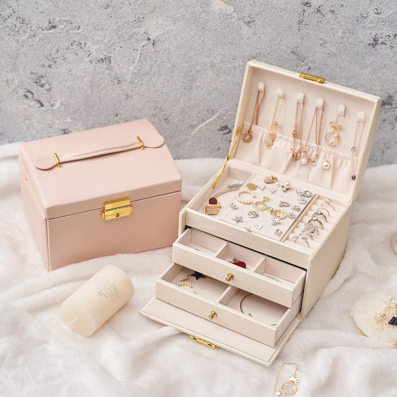 Leather Jewelry Box with Lock, 3-Layer Storage Case