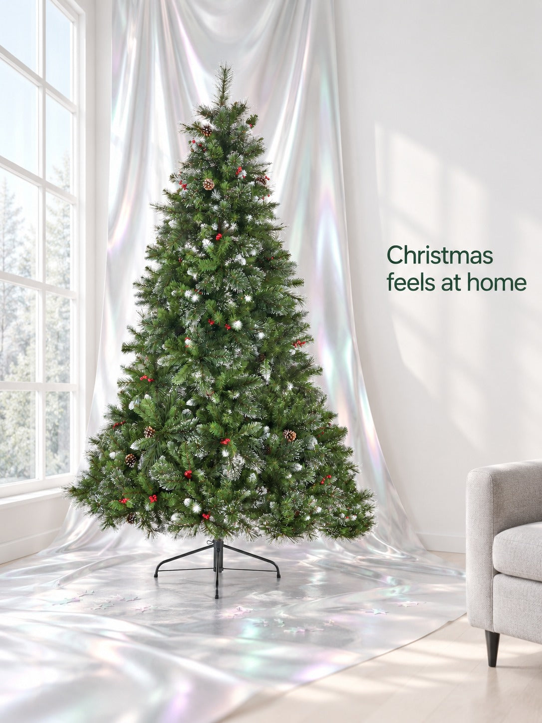 9 Ft Hinged Christmas Tree with Berries and Pine Cones