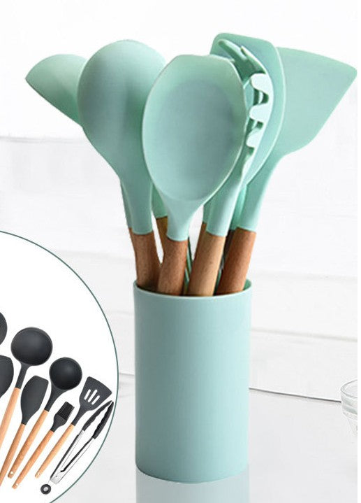 Silicone Cooking Utensil Set With Wood Handles, 9 Piece