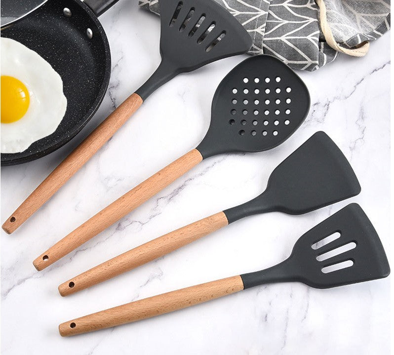 Silicone Cooking Utensil Set With Wood Handles, 9 Piece
