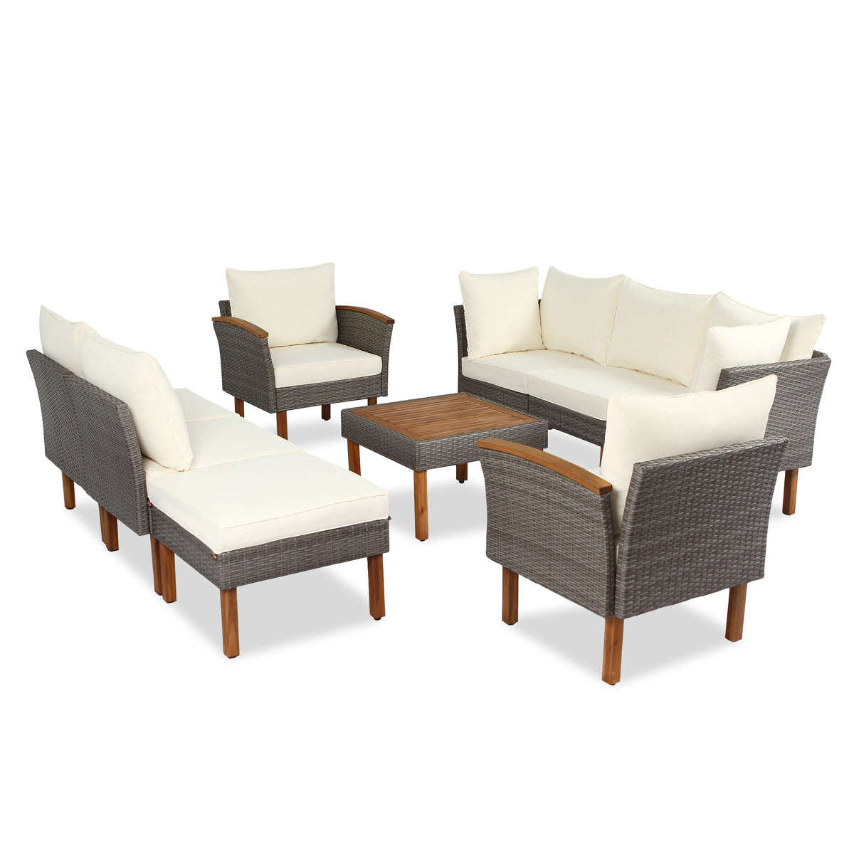 Patio Rattan Sofa Set with Washable Cushions, 9 Pieces