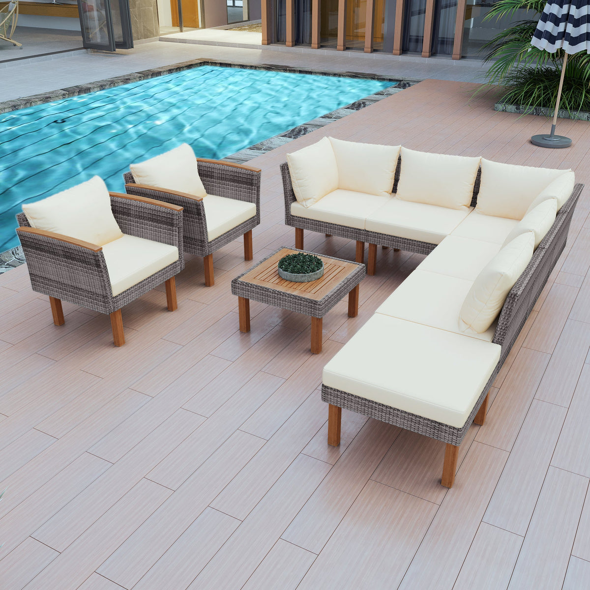 Patio Rattan Sofa Set with Washable Cushions, 9 Pieces
