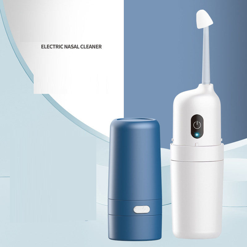 White unit with text overlay: 'Three-speed mode frequency conversion cleaning' and 'Suitable for both children and adults to meet more nasal cleaning needs'