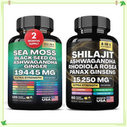 Two premium supplement bottles side-by-side: Sea Moss Black Seed Oil Ashwagandha Ginger (19,445mg) and Shilajit Ashwagandha Rhodiola Rosea Panax Ginseng (15,250mg)