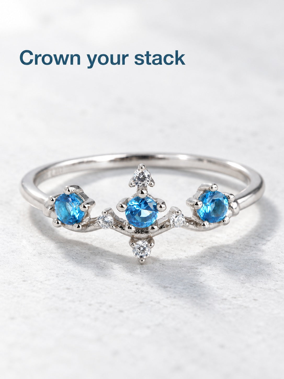 925 Sterling Silver Blue Zircon Crown Ring for Stacking