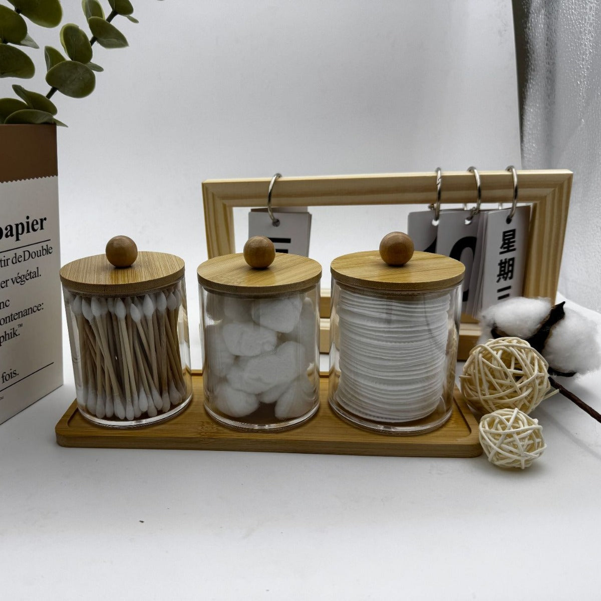 Bamboo Lid Cotton Swab Holder | Clear Bathroom Storage Jar