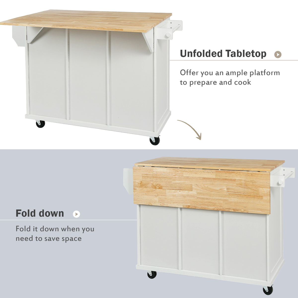 Rubber Wood Kitchen Island Cart with Drop Leaf Extensions