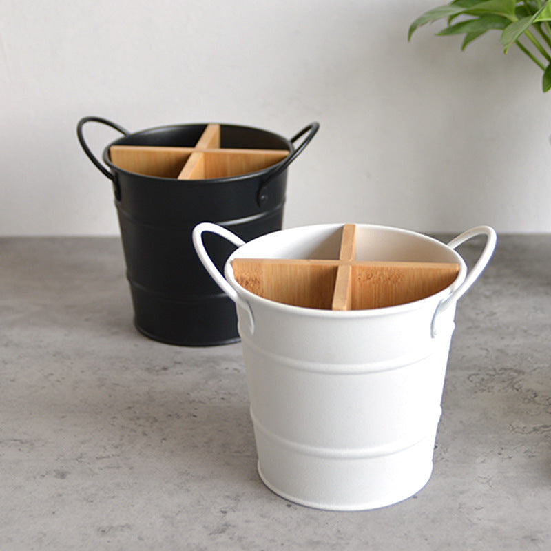 Metal Utensil Bucket with Bamboo Dividers for Kitchen