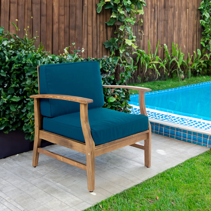 Wooden Outdoor Lounge Chair with Teal Cushions