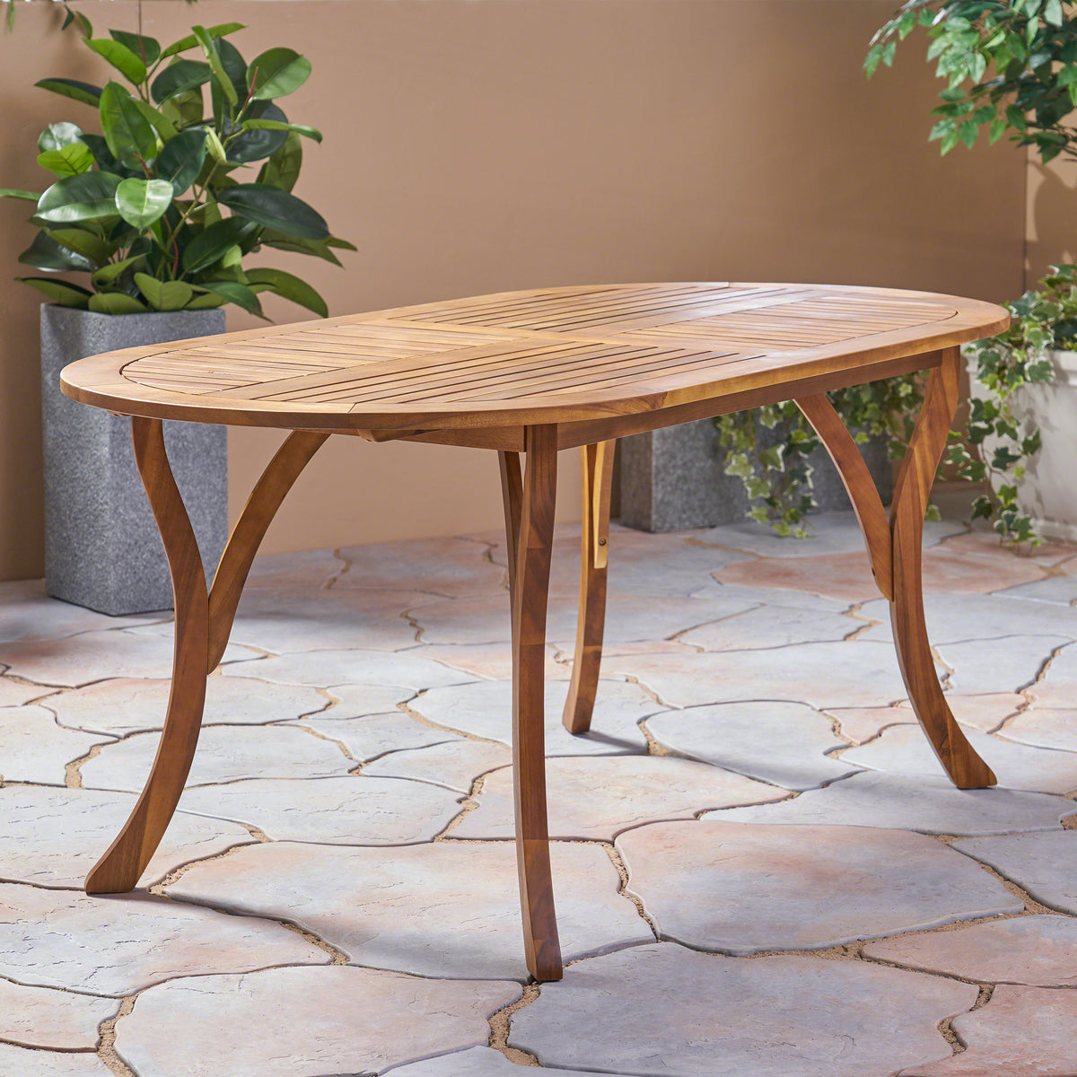 Oval Acacia Wood Patio Dining Table, 70-Inch Teak Finish
