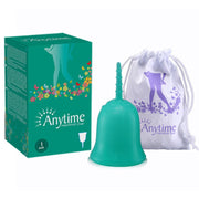Anytime menstrual cup in teal green with packaging box and purple drawstring storage pouch