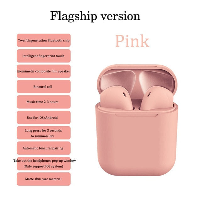 Pink Wireless Earbuds with Touch Control, Bluetooth 5.0