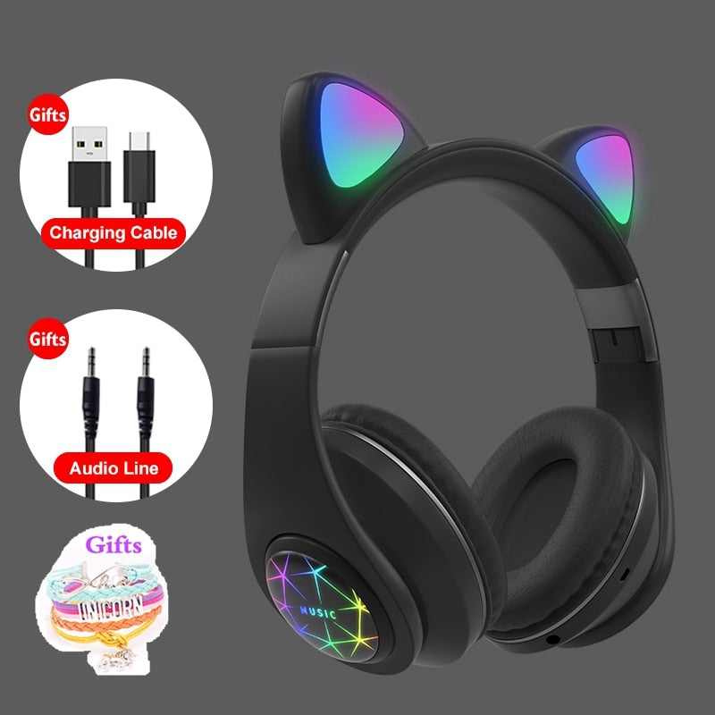RGB Cat Ear Headphones Bluetooth 5.0 with Long Battery