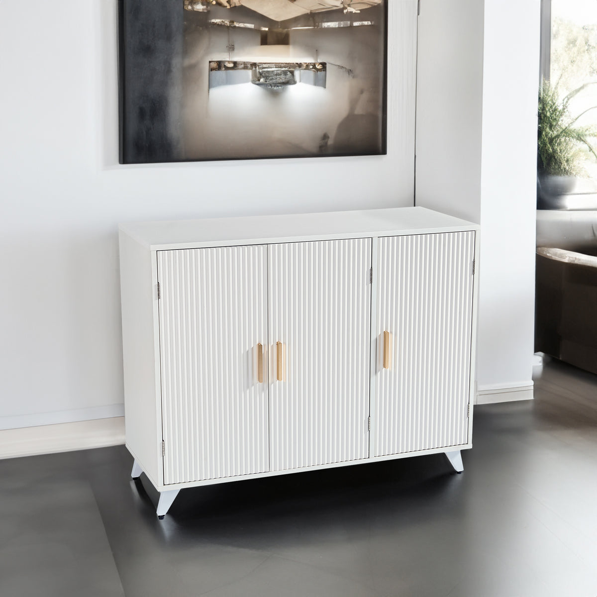 Fluted White Sideboard Buffet Cabinet with Gold Handles