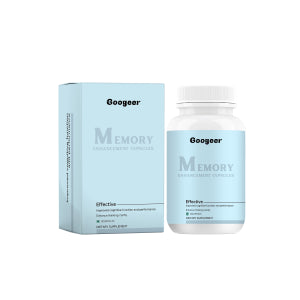 Memory Enhancement Capsule with branded box and white bottle with blue gradient