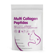 Front-facing pouch of Multi Collagen Peptides showing bold purple branding, collagen type icons, and benefit graphics