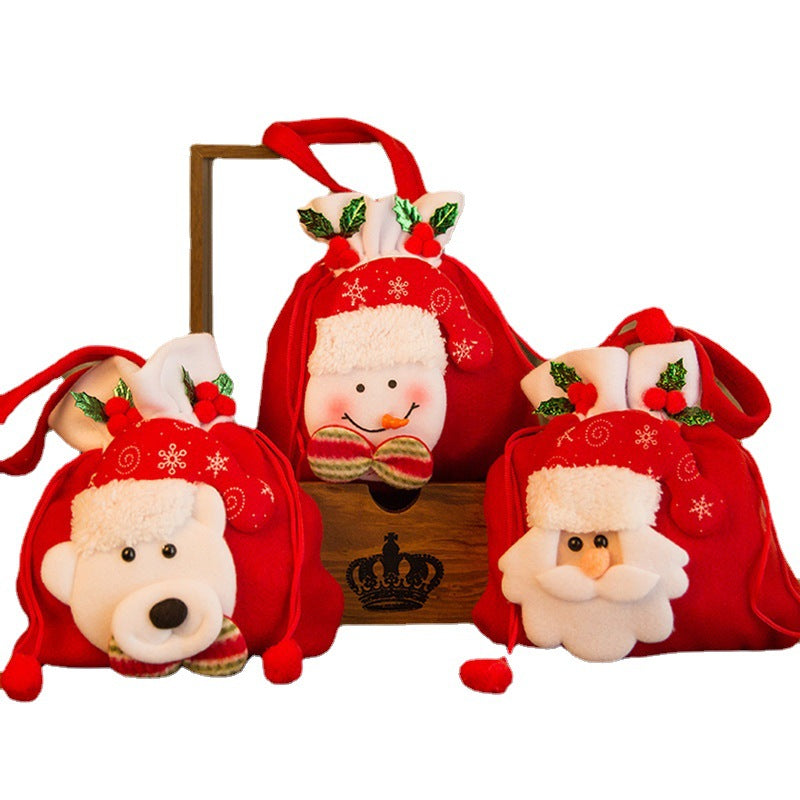 Christmas Gift Bag with Plush Santa Face Drawstring Tote