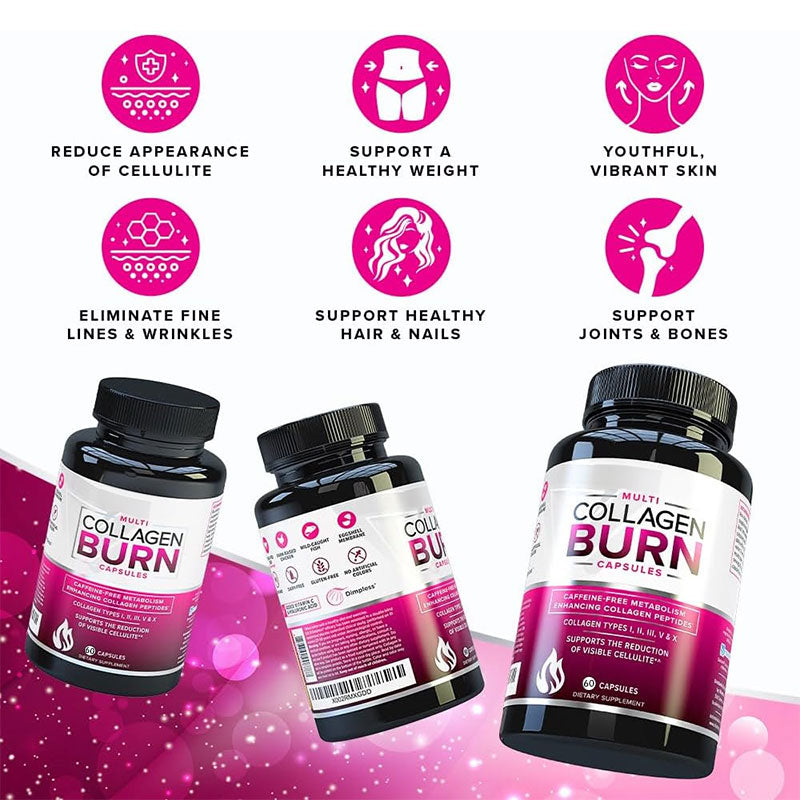 Six circular icons with benefit claims and three product bottles on sparkly magenta background