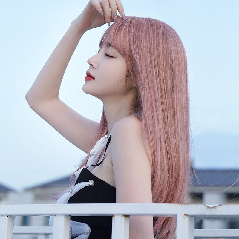 Pink Long Hair Wig with Air Bangs for Instant Style