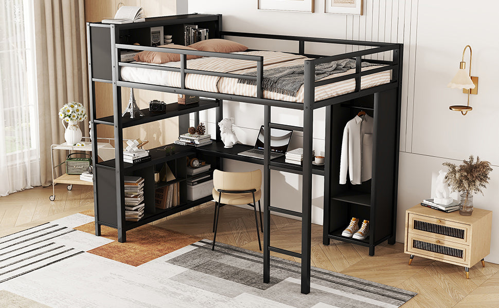 Full-Size Metal Loft Bed with Desk, Wardrobe & Storage