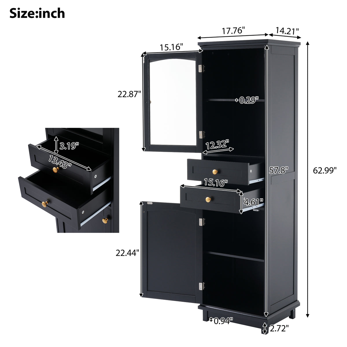 Tall Bathroom Storage Cabinet with Glass Door and Drawers