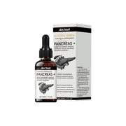Docteat Pancreas+ supplement bottle with dropper alongside white and gray packaging box with pancreas anatomy illustration