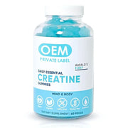Clear plastic bottle filled with turquoise creatine gummies against white background with OEM Private Label branding and certification icons