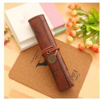 Retro Leather Pencil Case Roll-Up with Vintage Map Print