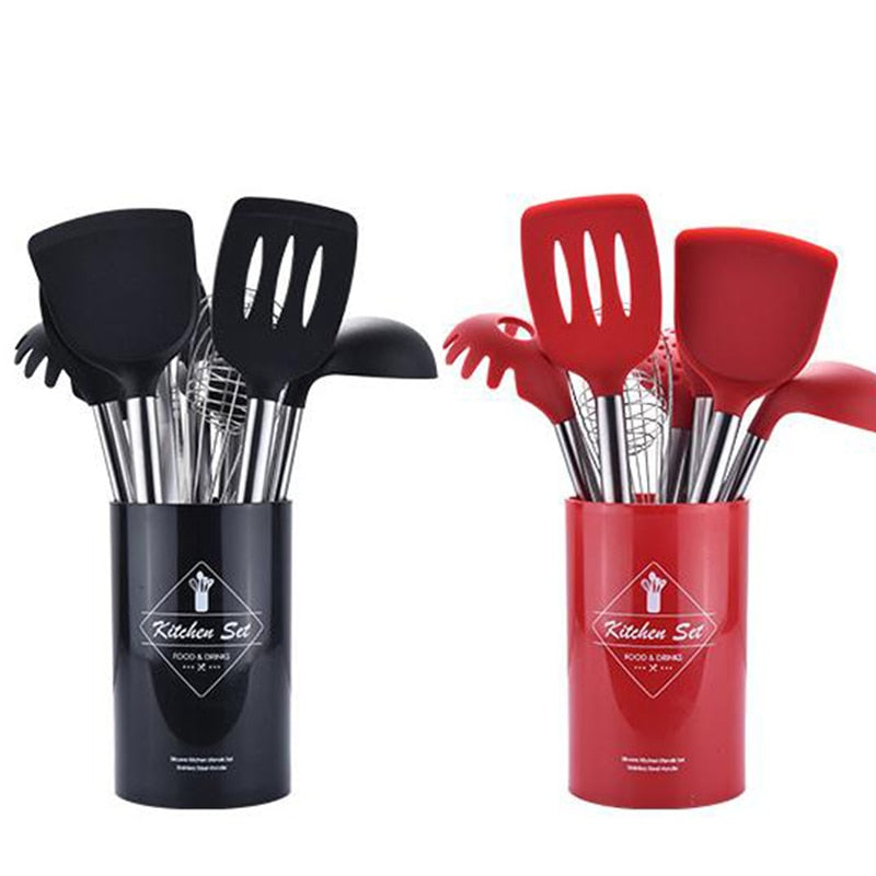 Stainless Steel Kitchen Utensil Set with Silicone Heads