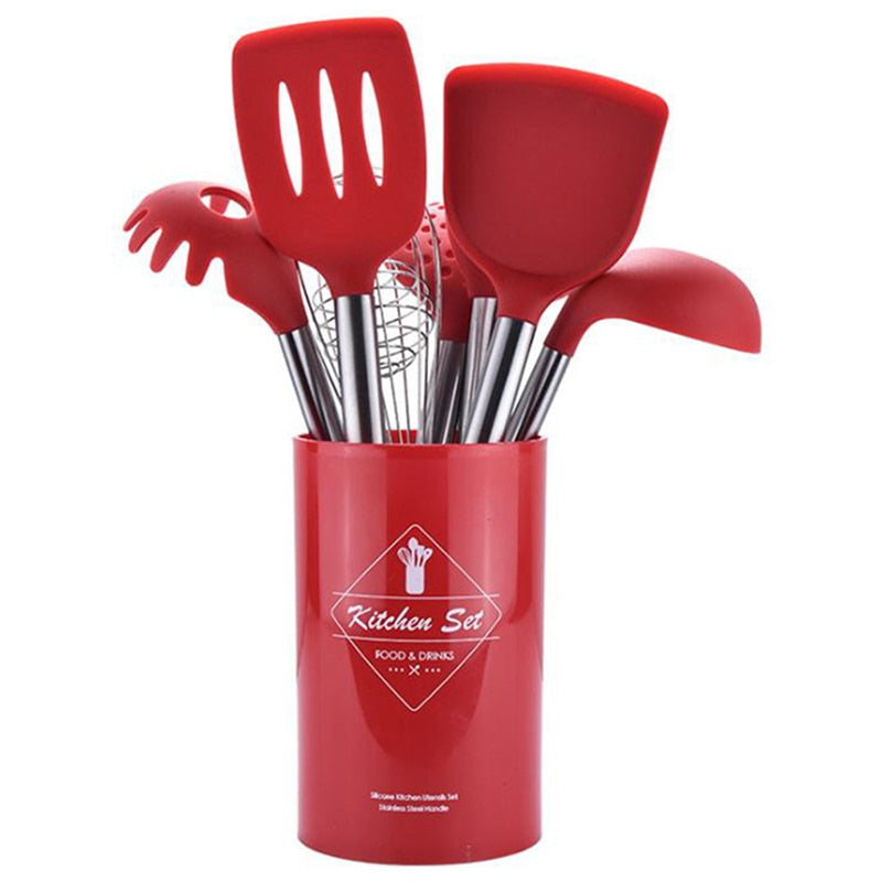 Stainless Steel Kitchen Utensil Set with Silicone Heads